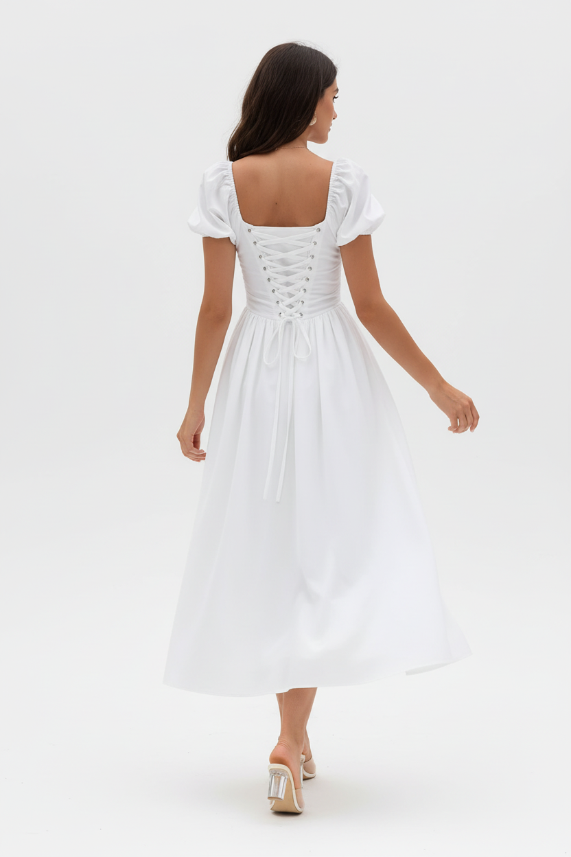 Robe midi col cœur manches bouffantes blanche avec détails dentelle - vue arrière montrant mannequin s'éloignant avec laçage ajustable au dos corsage froncé et flux élégant de la jupe midi - BLACK-COAT