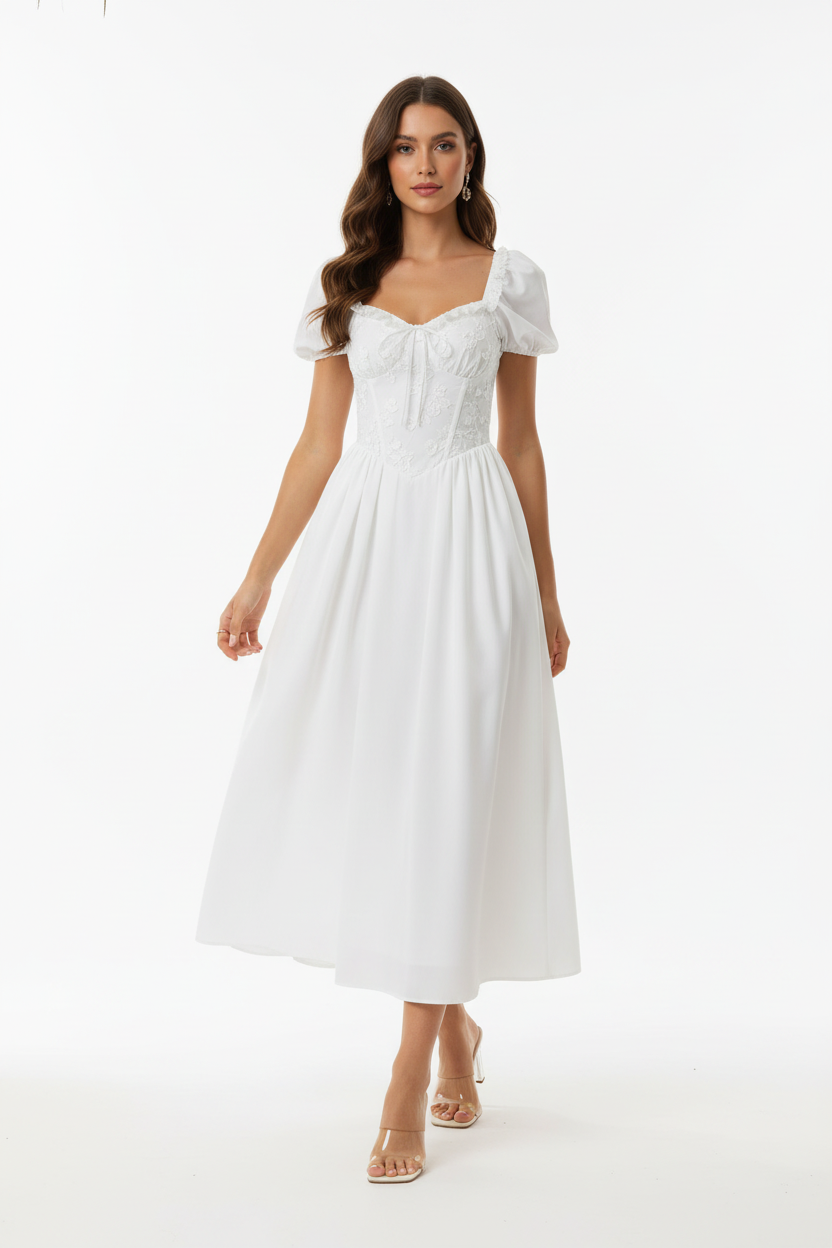 Robe midi col cœur manches bouffantes blanche avec détails dentelle - vue de face montrant mannequin en mouvement de marche naturelle avec encolure flatteuse corsage froncé et jupe midi élégante - BLACK-COAT