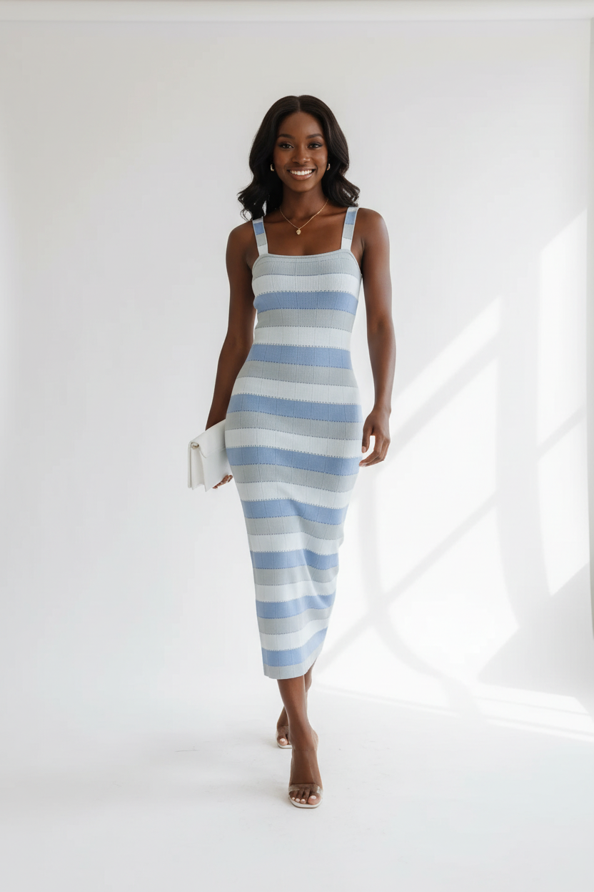 Robe Midi Bodycon Tricot Rayures Black-Coat bleu et blanc - vue en marche illustrant l'élégance moderne et l'allure confiante