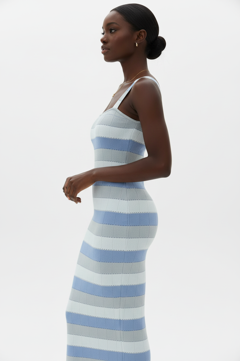  Robe Midi Bodycon Tricot Rayures Black-Coat bleu et blanc - vue de profil dévoilant la silhouette moulante élégante