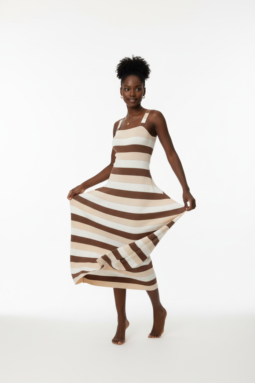  Robe Midi Bodycon Tricot Rayures Black-Coat marron et beige en mouvement - capture dynamique montrant la silhouette sculptante