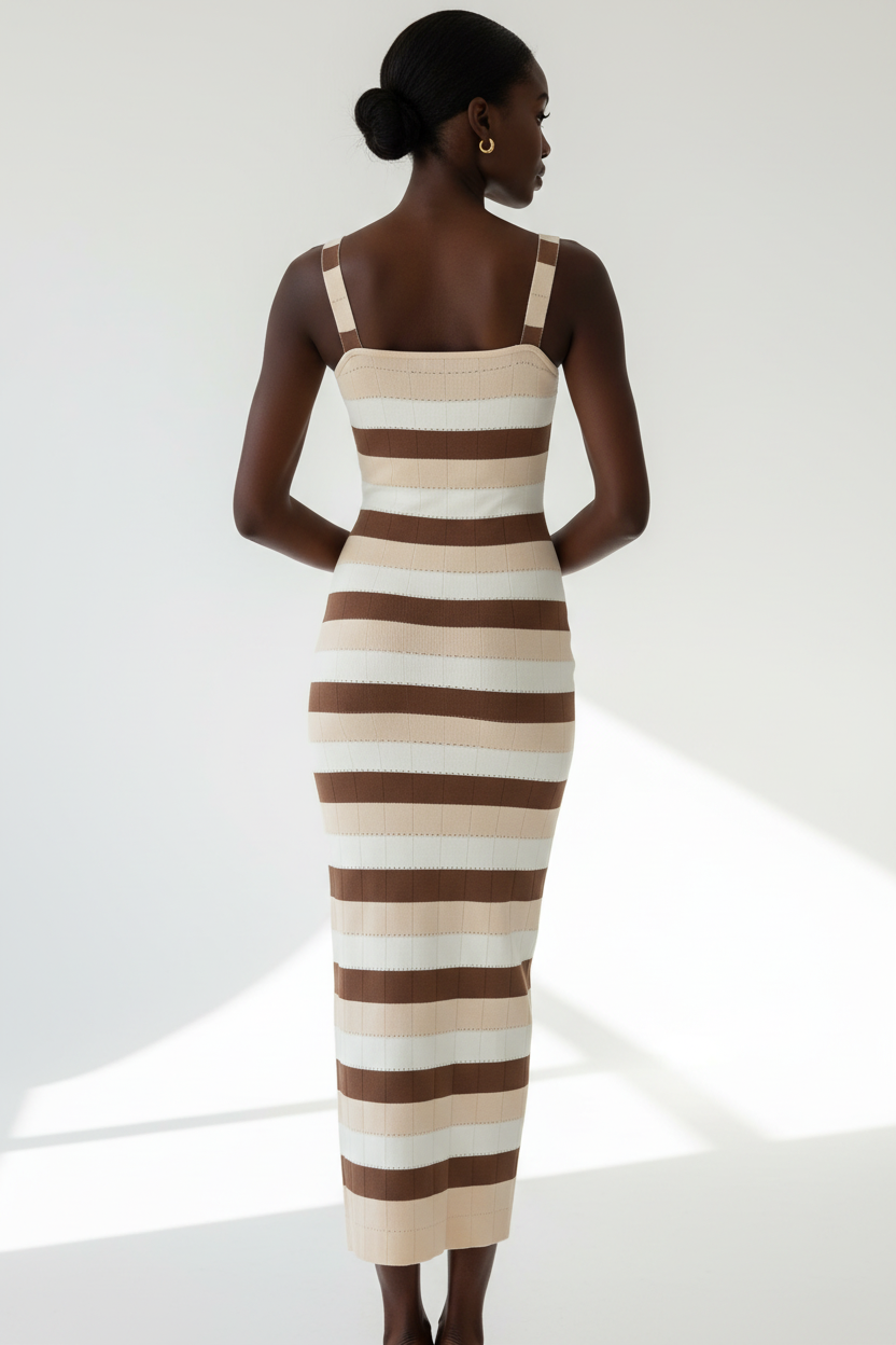  Détails dos de la Robe Midi Bodycon Tricot Rayures Black-Coat marron et beige - montrant la coupe ajustée et les rayures continues
