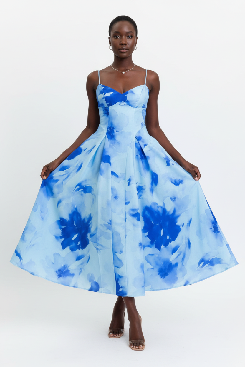 Mannequin portant la Robe Midi Imprimé Floral Aquarelle Black-Coat bleu - vue de face montrant le décolleté cœur et les bretelles spaghetti avec imprimé aquarelle