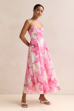  Robe Midi Imprimé Floral Aquarelle Black-Coat rose - angle diagonal révélant les détails de l'imprimé aquarelle artistique