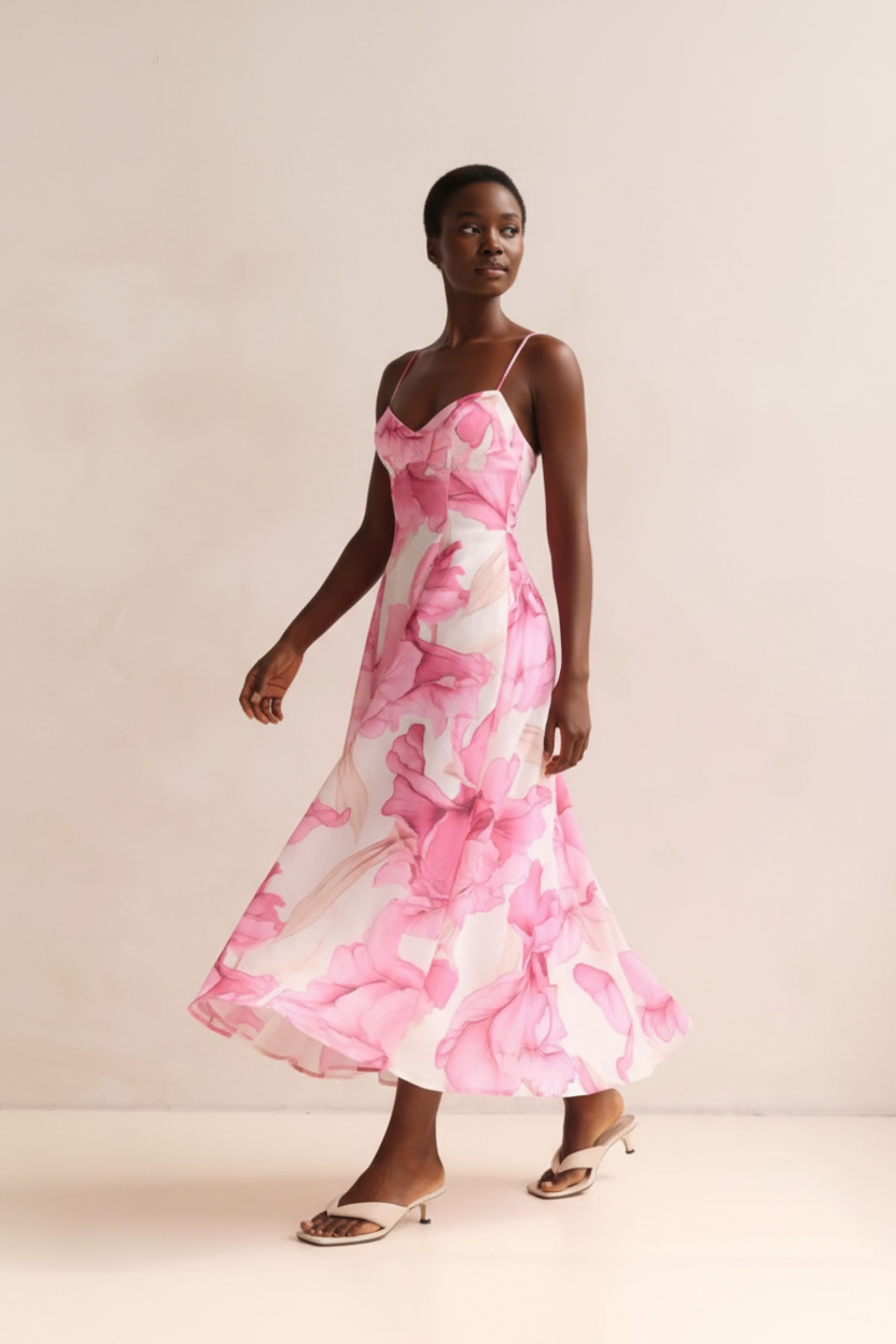  Robe Midi Imprimé Floral Aquarelle Black-Coat rose - vue en marche illustrant l'élégance romantique et l'allure confiante