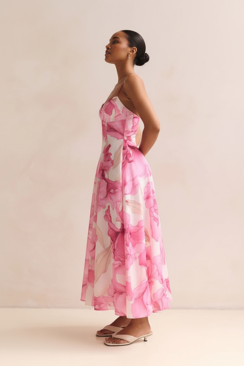 : Robe Midi Imprimé Floral Aquarelle Black-Coat rose - vue de profil dévoilant la silhouette élégante et la longueur midi