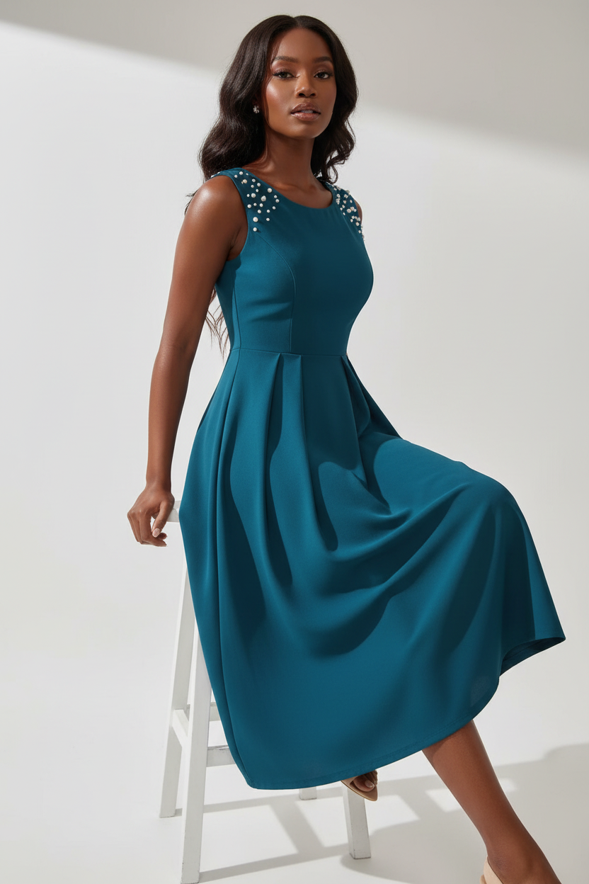  Robe Midi Sans Manches Détails Perles Black-Coat bleu paon - pose assise montrant le drapé élégant et le confort