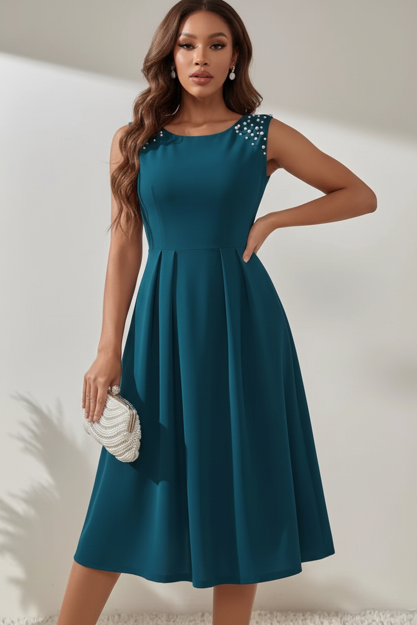 : Mannequin portant la Robe Midi Sans Manches Détails Perles Black-Coat bleu paon - vue de face montrant l'encolure ronde et les perles décoratives