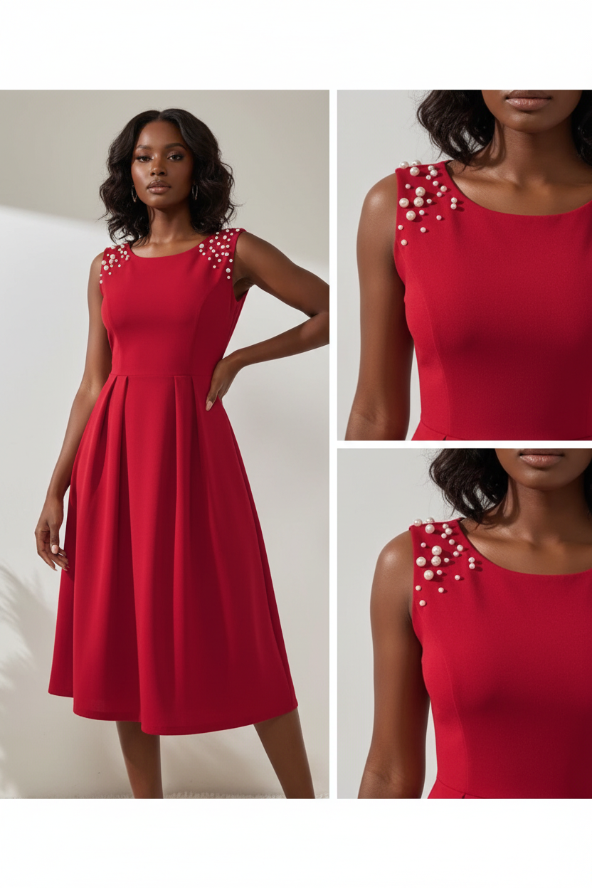  Détail des perles décoratives sur les épaules de la Robe Midi Black-Coat rouge - montrant la finition premium et l'élégance raffinée