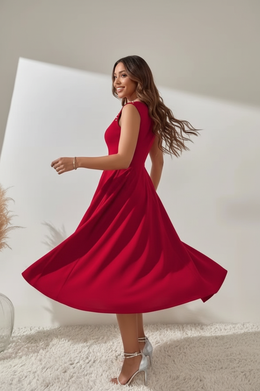  Robe Midi Sans Manches Détails Perles Black-Coat rouge en mouvement - capture dynamique montrant l'amplitude de la jupe évasée