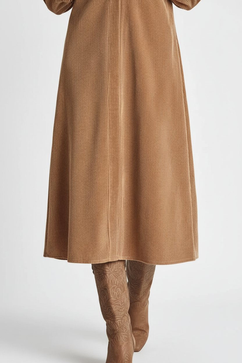 Robe midi velours côtelé camel boutonnée style chemise vintage - détail rapproché de l'ourlet et longueur midi à mi-mollet, finition soignée de l'ourlet, texture côtelée du tissu en bas de robe, drapé élégant de la partie inférieure - BLACK-COAT

