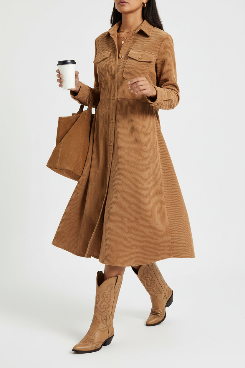 Robe midi velours côtelé camel boutonnée style chemise vintage - vue en mouvement montrant le drapé naturel du tissu, fluidité de la robe portée activement, tombé gracieux du velours côtelé, longueur midi en action, confort et élégance du vêtement - BLACK-COAT