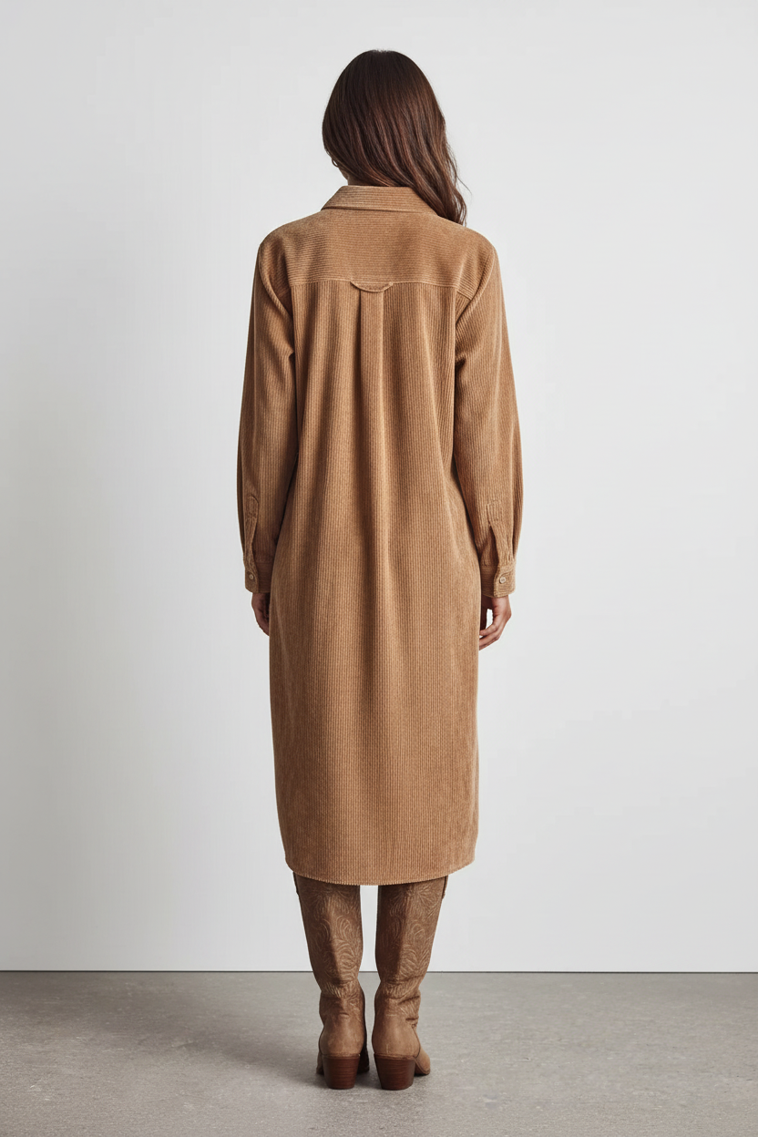 Robe midi velours côtelé camel boutonnée style chemise vintage - vue arrière montrant le design dos, tombé impeccable du vêtement, longueur midi depuis l'arrière, finition soignée du velours côtelé - BLACK-COAT