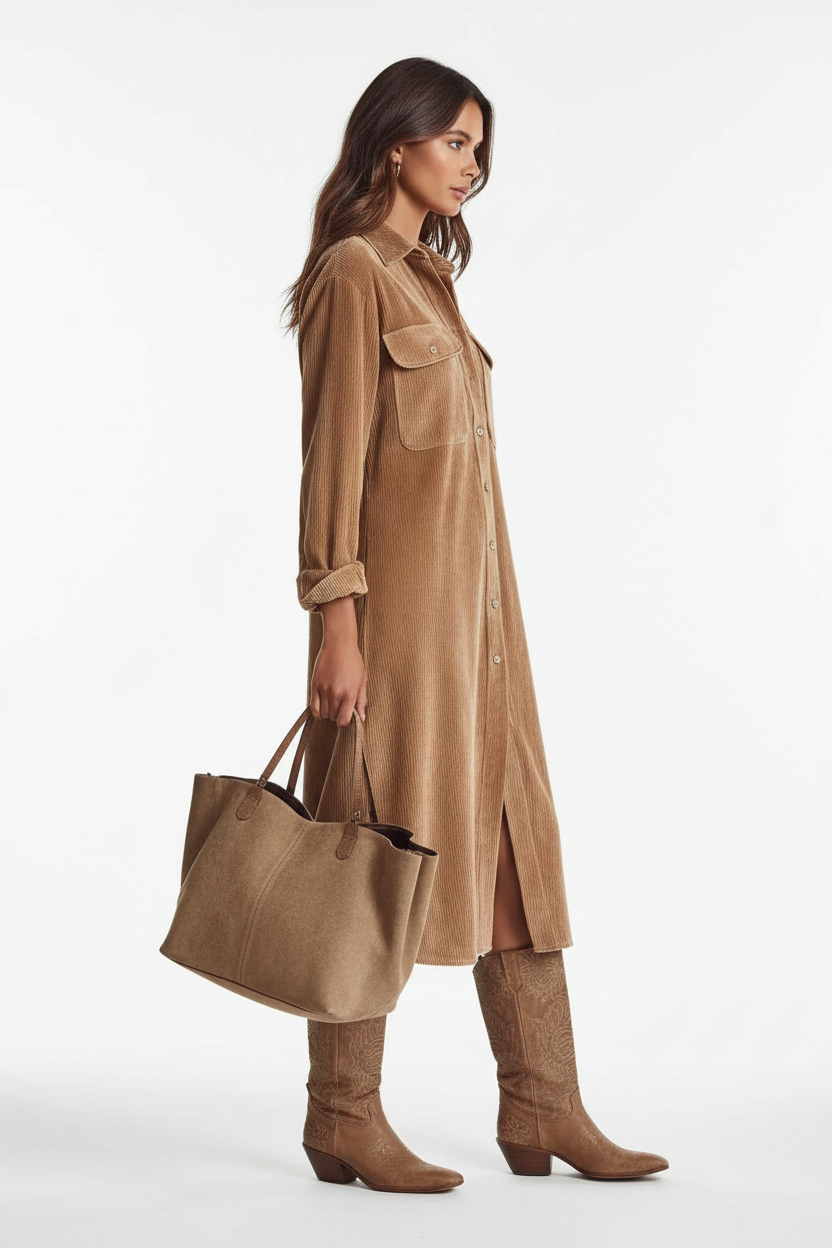 Robe midi velours côtelé camel boutonnée style chemise vintage - vue de profil latéral montrant la coupe structurée, drapé élégant du tissu côtelé, longueur midi flatteuse, silhouette féminine sophistiquée - BLACK-COAT