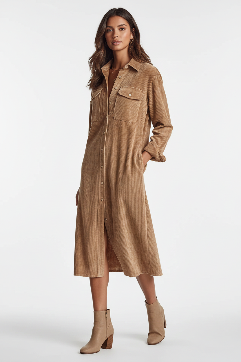 Robe midi velours côtelé camel boutonnée style chemise vintage - vue trois-quarts à 45 degrés montrant la dimension du vêtement, poches poitrine à rabat visibles, boutonnage latéral, coupe structurée, longueur midi élégante, texture côtelée riche du tissu - BLACK-COAT