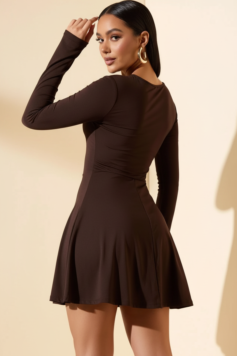  Robe Mini Col Rond à Manches Longues Black-Coat marron - vue arrière par-dessus l'épaule dévoilant l'élégance sobre et la finition impeccable