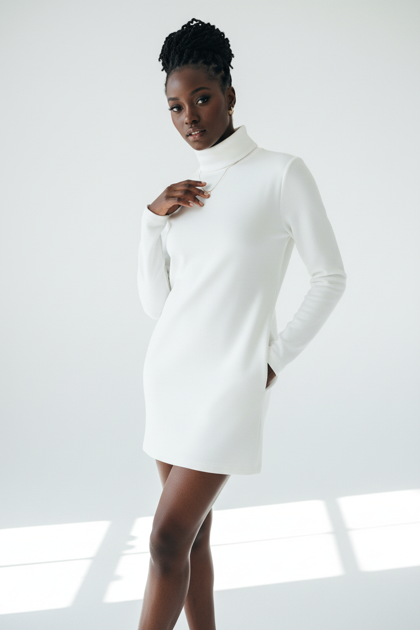  Robe Mini Col Roulé Black-Coat blanche - angle diagonal révélant la coupe ajustée et les poches fonctionnelles