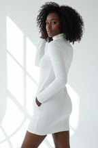  Robe Mini Col Roulé Black-Coat blanche - vue arrière par-dessus l'épaule dévoilant l'élégance sobre et la finition impeccable