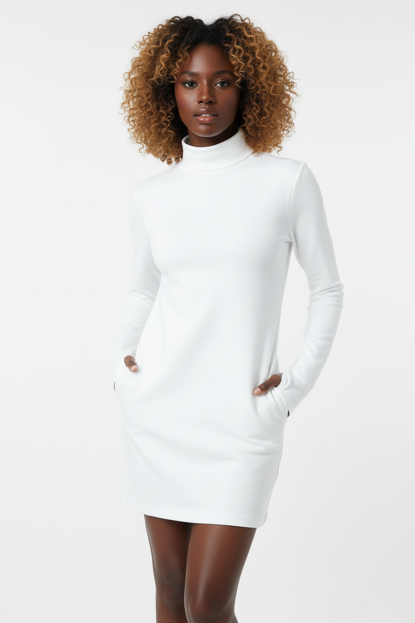  Mannequin portant la Robe Mini Col Roulé à Manches Longues Black-Coat blanche - vue de face montrant le col roulé élégant et les poches pratiques