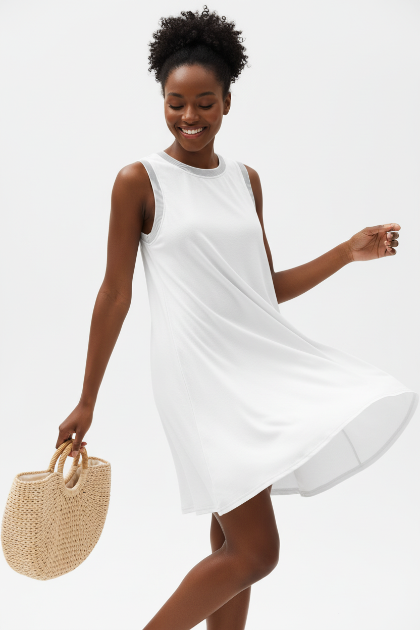 Robe Mini Fluide Sans Manches Black-Coat blanche - angle diagonal révélant la silhouette en A flatteuse et la coupe décontractée