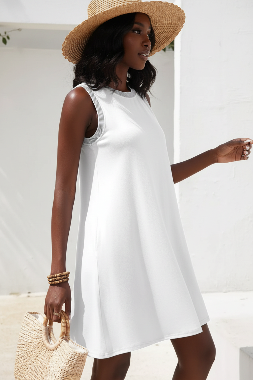  Robe Mini Fluide Sans Manches Black-Coat blanche - vue de profil dévoilant la silhouette en A et la longueur mini flatteuse