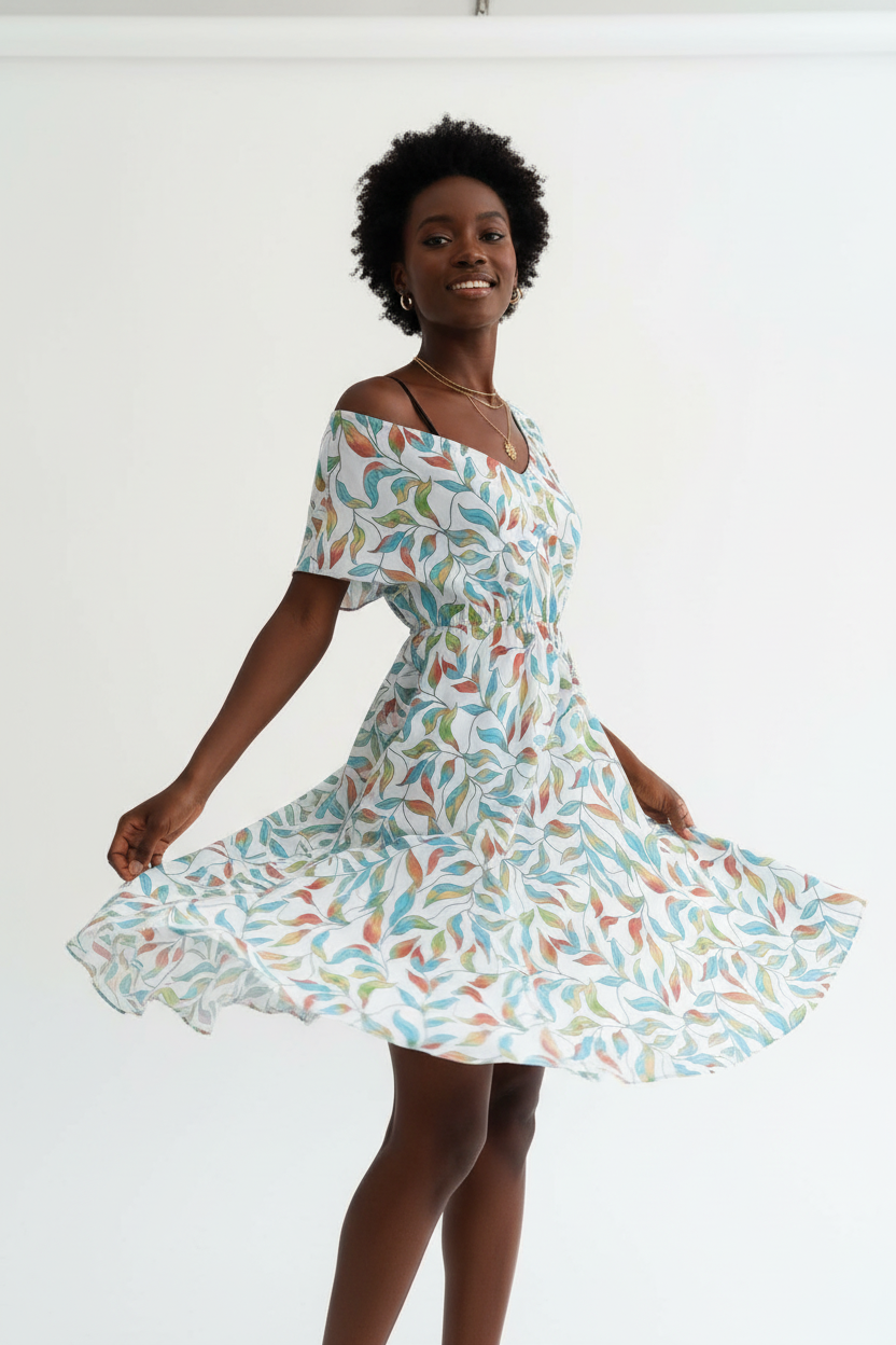  Robe Mini Imprimée Black-Coat imprimé feuilles en mouvement - capture dynamique montrant l'amplitude de la robe et l'imprimé coloré