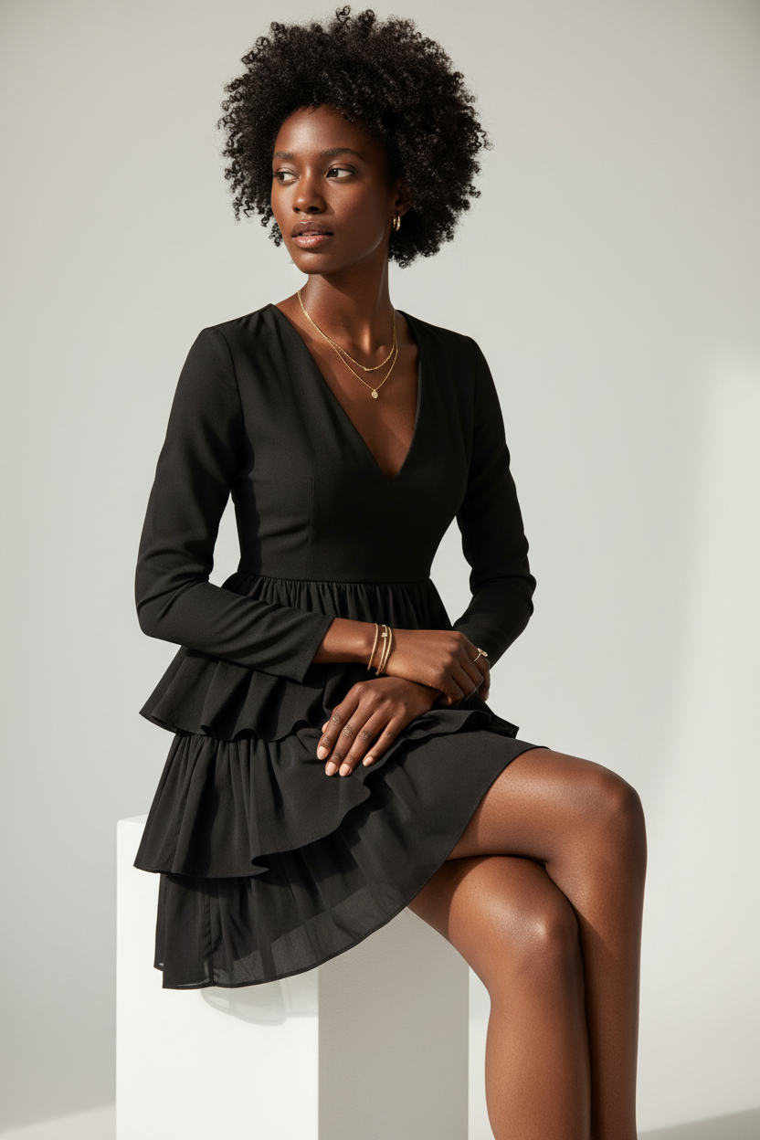 Robe Mini à Volants Étagés Col V Black-Coat - pose assise montrant le drapé élégant et la polyvalence de la robe