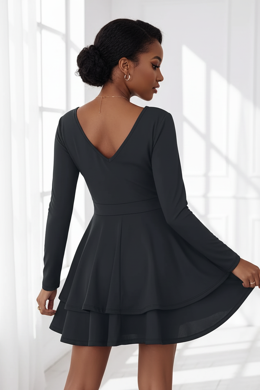 Détails dos de la Robe Mini à Volants Étagés Col V Black-Coat - montrant la finition soignée et l'élégance intemporelle