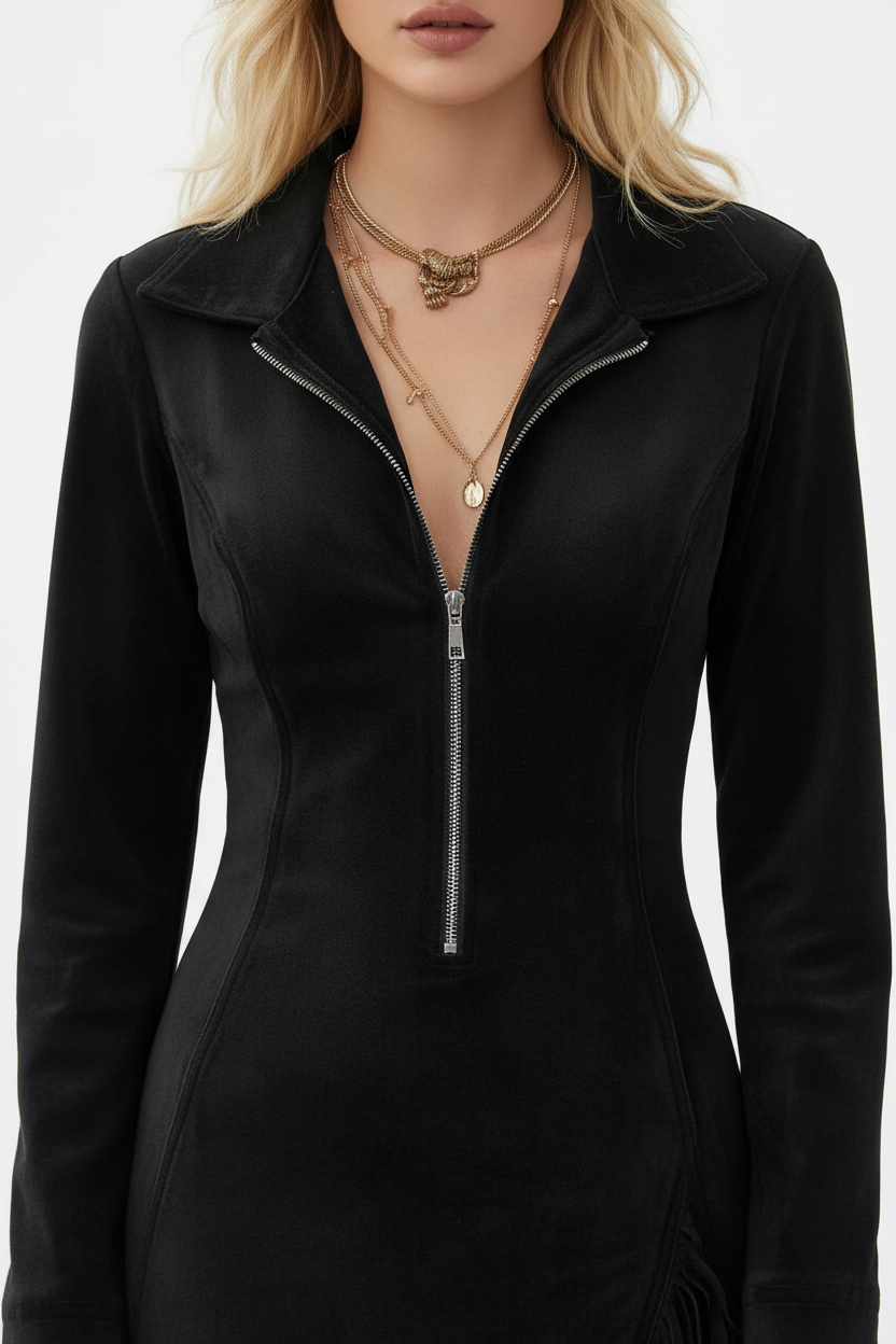 Robe noire - gros plan sur la fermeture éclair frontale et le col avec détails de finition western chic - BLACK-COAT