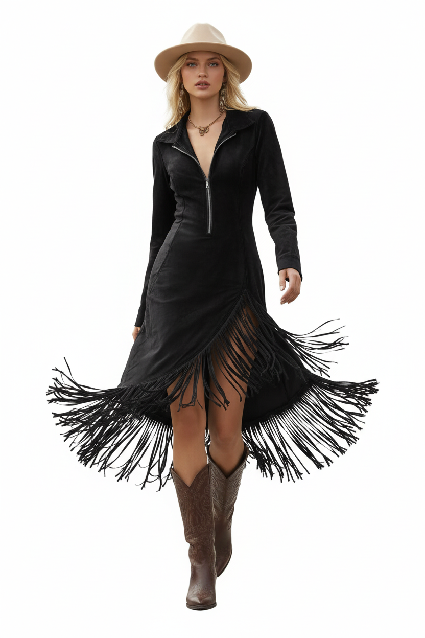 Robe noire avec fermeture éclair et franges dramatiques - pose dynamique en mouvement révélant le mouvement spectaculaire et fluide des franges - BLACK-COAT