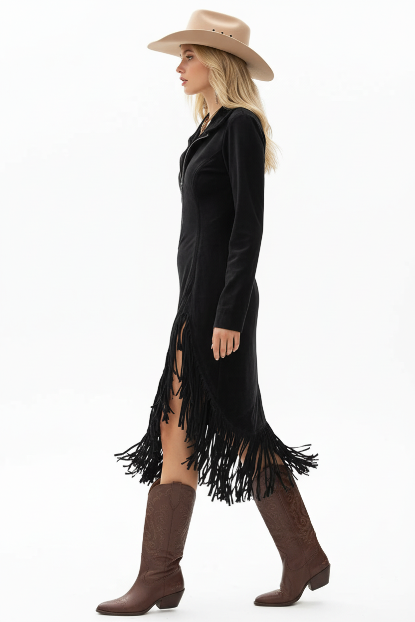 Robe noire avec fermeture éclair et franges dramatiques - vue de profil opposé montrant la fente latérale et l'élégance de la coupe - BLACK-COAT