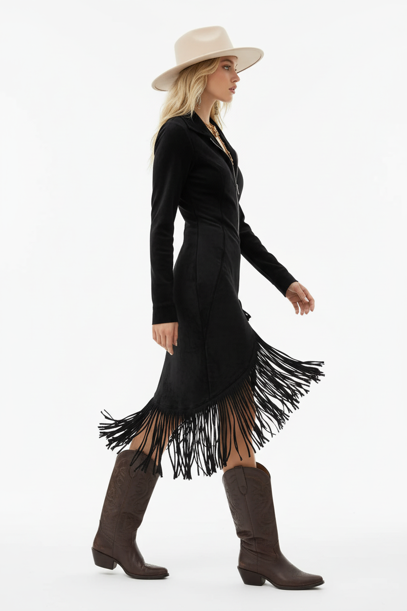  Robe noire avec fermeture éclair frontale, col, manches longues et franges dramatiques - vue de profil révélant la fente latérale et le mouvement des franges - BLACK-COAT