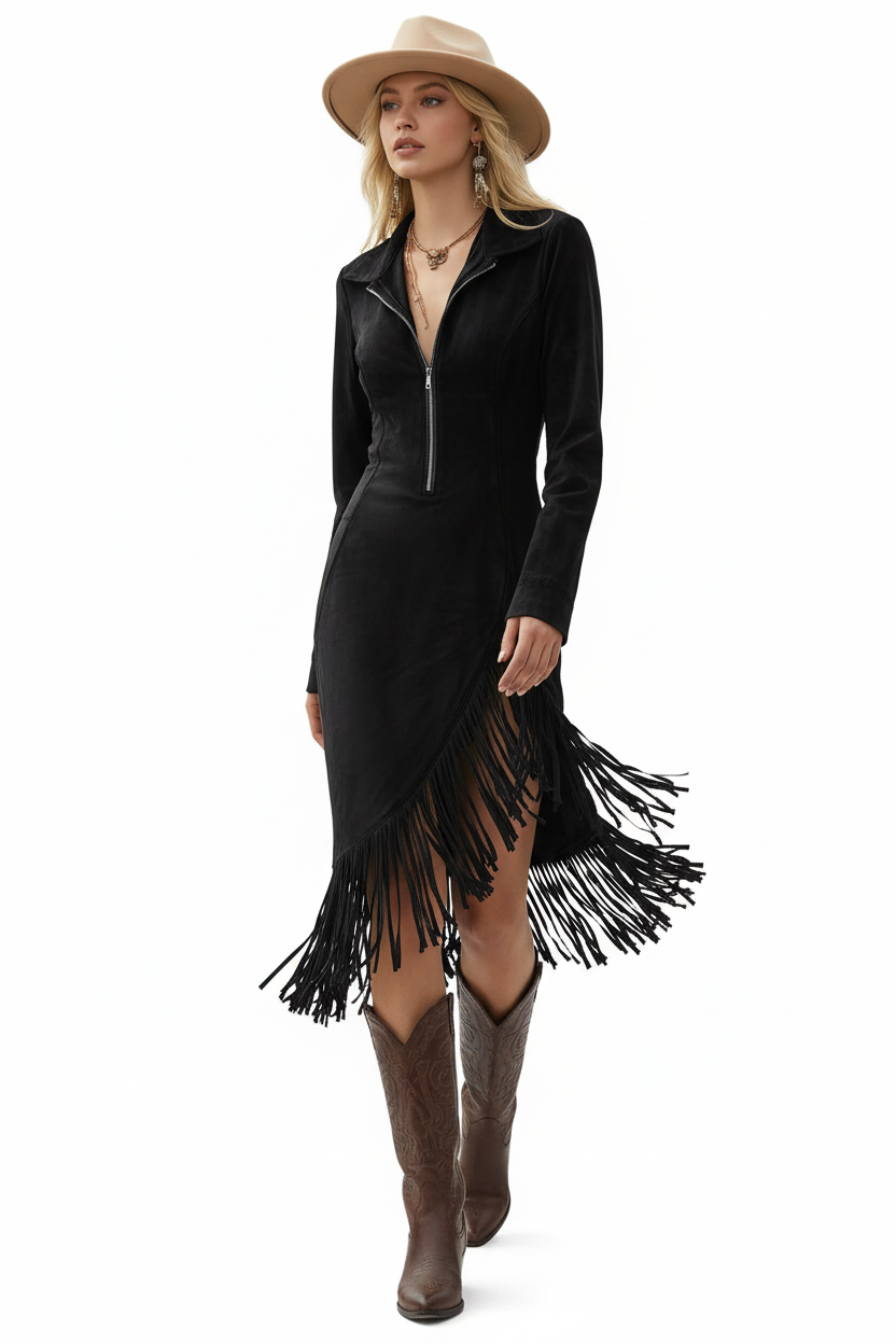 obe noire avec fermeture éclair frontale, col, manches longues et franges dramatiques - vue trois-quarts présentant les proportions et le style bohème rock - BLACK-COAT