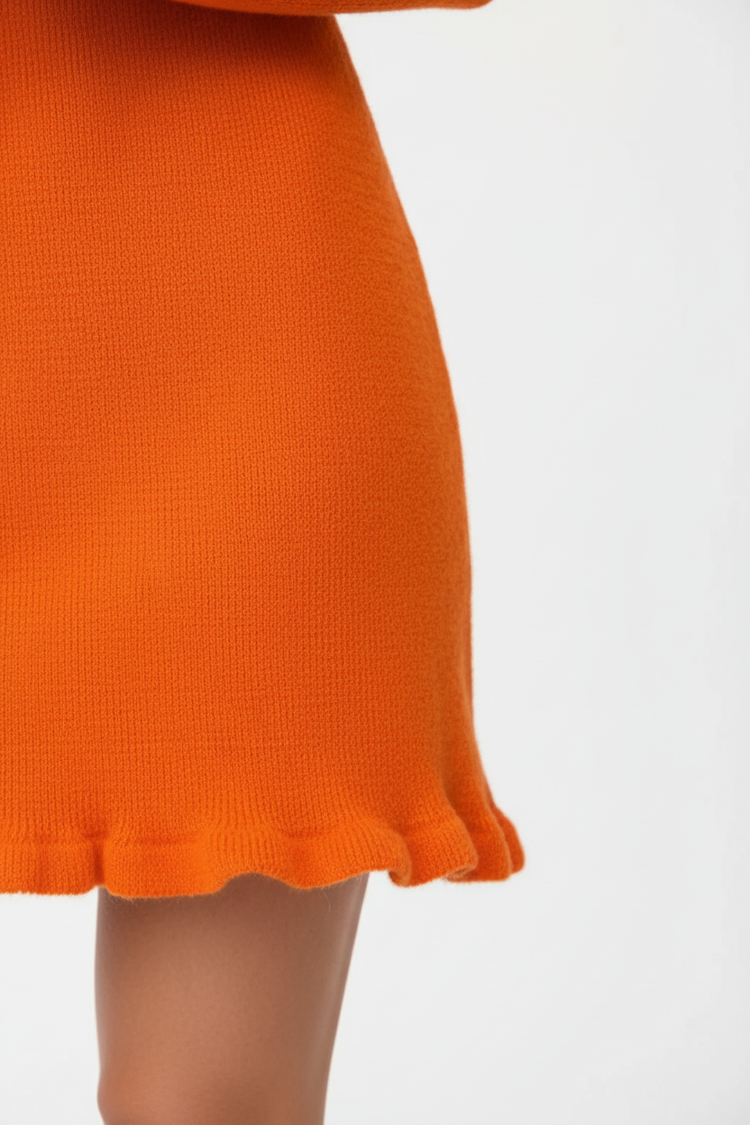 Robe mini orange vif - gros plan sur l'ourlet à volants et la texture du tissu avec détails de finition féminins - BLACK-COAT