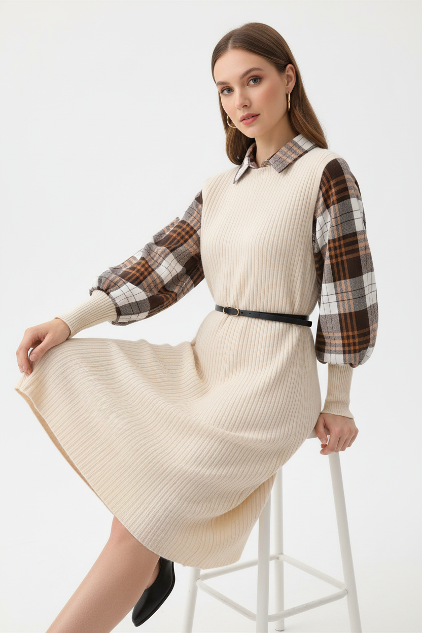  Robe pull beige avec col et manches chemise à carreaux, ceinture à la taille - pose assise démontrant le tombé fluide et le confort du vêtement - BLACK-COAT