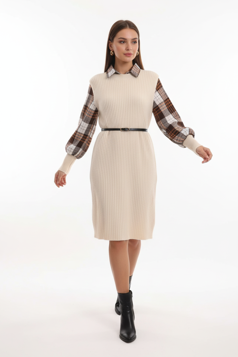 Robe pull beige avec col et manches chemise à carreaux, ceinture à la taille - pose décontractée dynamique révélant le style preppy moderne et l'élégance casual - BLACK-COAT