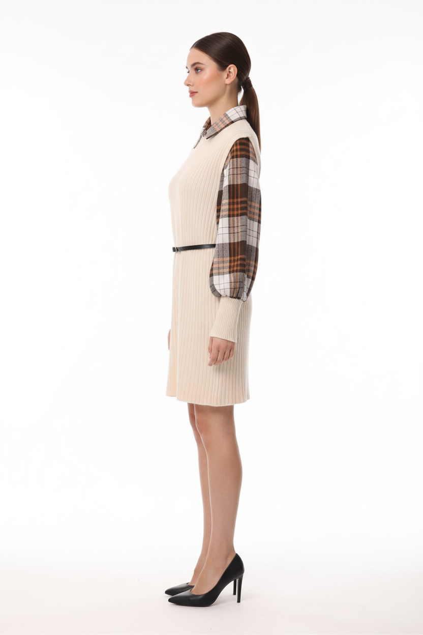 Robe pull beige en maille côtelée avec col et manches chemise à carreaux marron, ceinture à la taille - vue de profil révélant la coupe ajustée et les détails de superposition - BLACK-COAT