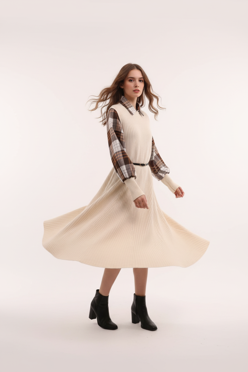 Robe pull beige avec col et manches chemise à carreaux, ceinture à la taille - pose en rotation montrant le mouvement de la jupe plissée et le style preppy élégant - BLACK-COAT