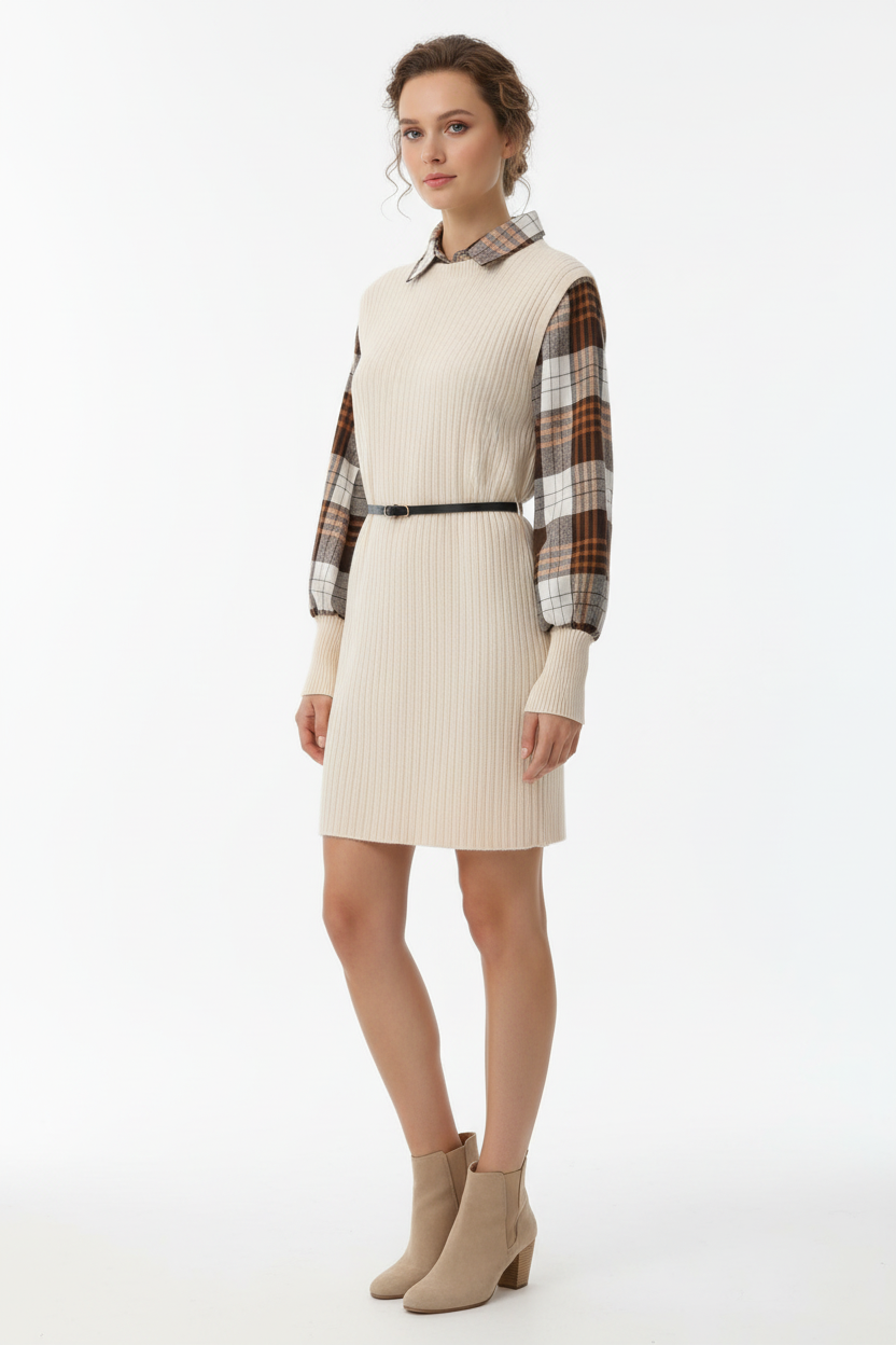 Robe pull beige en maille côtelée avec col et manches chemise à carreaux marron, ceinture à la taille - vue trois-quarts présentant les proportions et le style académique chic - BLACK-COAT