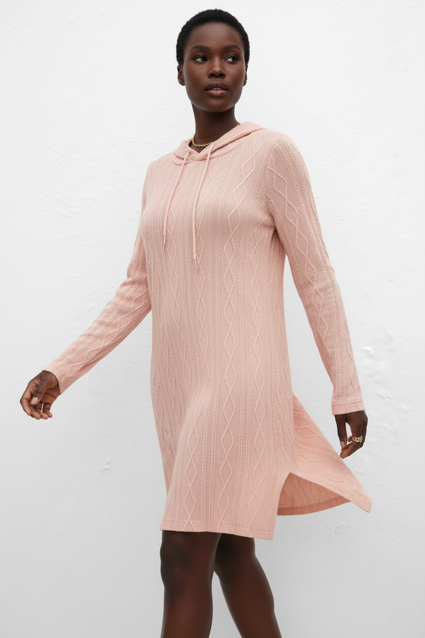  Robe pull tricot câble à capuche Black-Coat - vue trois-quarts en mouvement illustrant le tombé confortable du tissu 