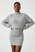  Robe pull mini moulante col roulé côtelée Black-Coat - vue de face montrant le tricot vertical gris et la coupe bodycon 