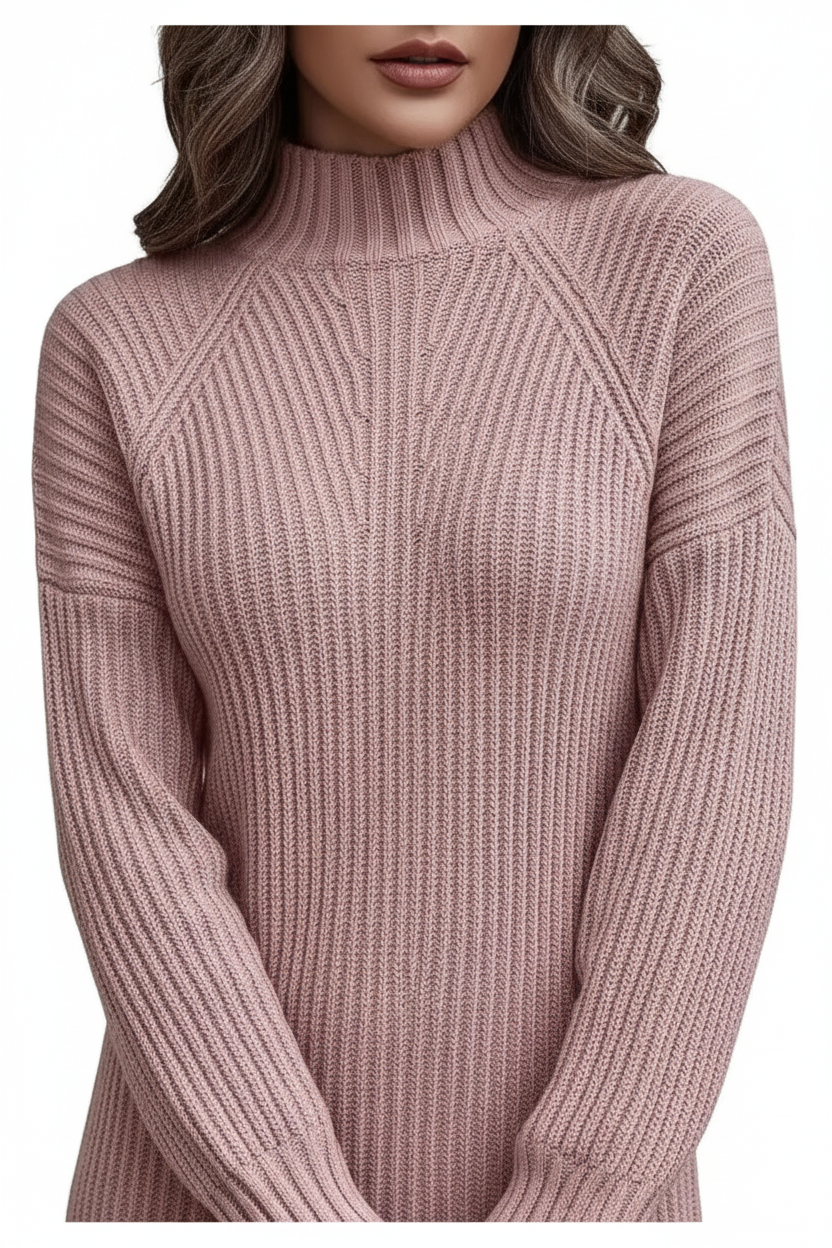 Robe pull rose poudré - gros plan sur la texture de maille côtelée et le col montant élégant avec détails de tricot - BLACK-COAT