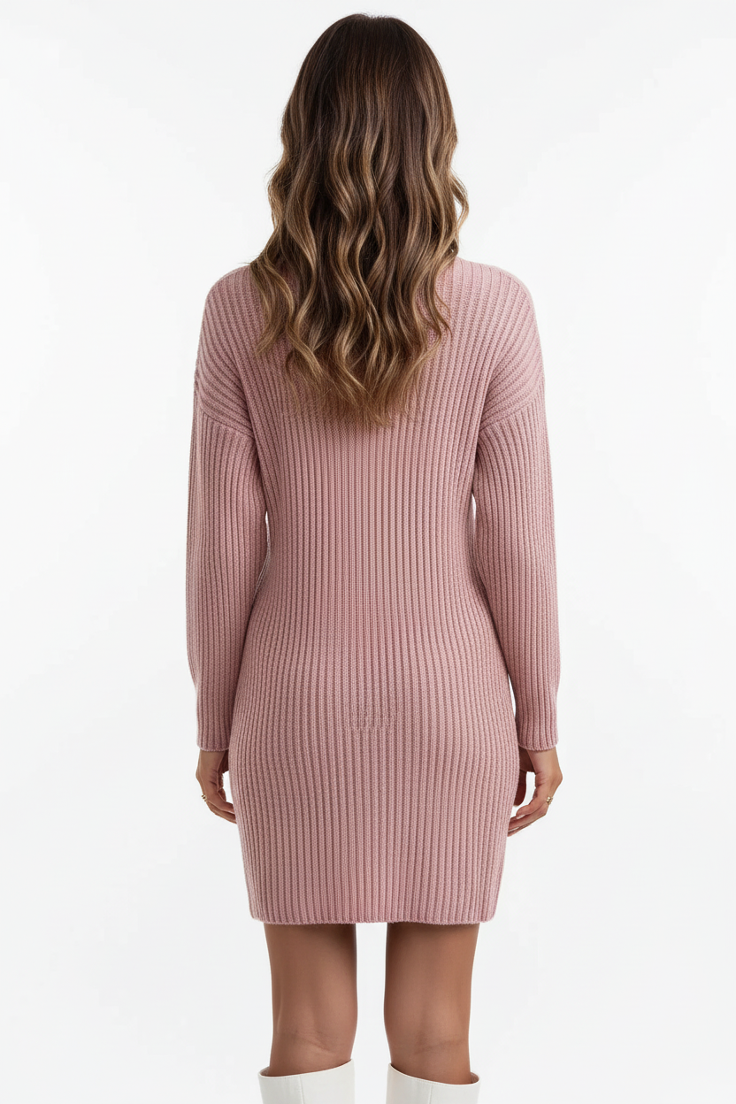  Robe pull rose poudré en maille côtelée avec col montant et manches longues - vue de dos montrant la coupe ajustée et les finitions soignées - BLACK-COAT