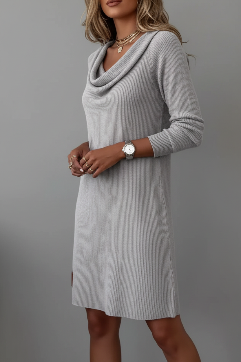 Vue trois-quarts : Robe pull tricot côtelé gris col drapé élégant - vue trois-quarts montrant l'ensemble de la silhouette sophistiquée décontractée, le style polyvalent facile à accessoiriser, et l'élégance intemporelle de cette pièce basique essentielle disponible en tailles S à 2XL - BLACK-COAT