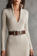 Robe pull tricot côtelé détails col zippé et ceinture