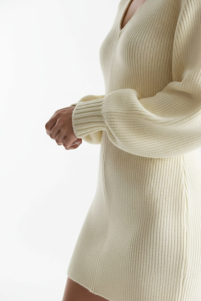  Robe pull col V manches longues tricot abricot crème - détail rapproché des manches longues montrant les poignets, texture tricot douce sur les manches, couverture confortable chaleureuse, coupe ajustée - BLACK-COAT
