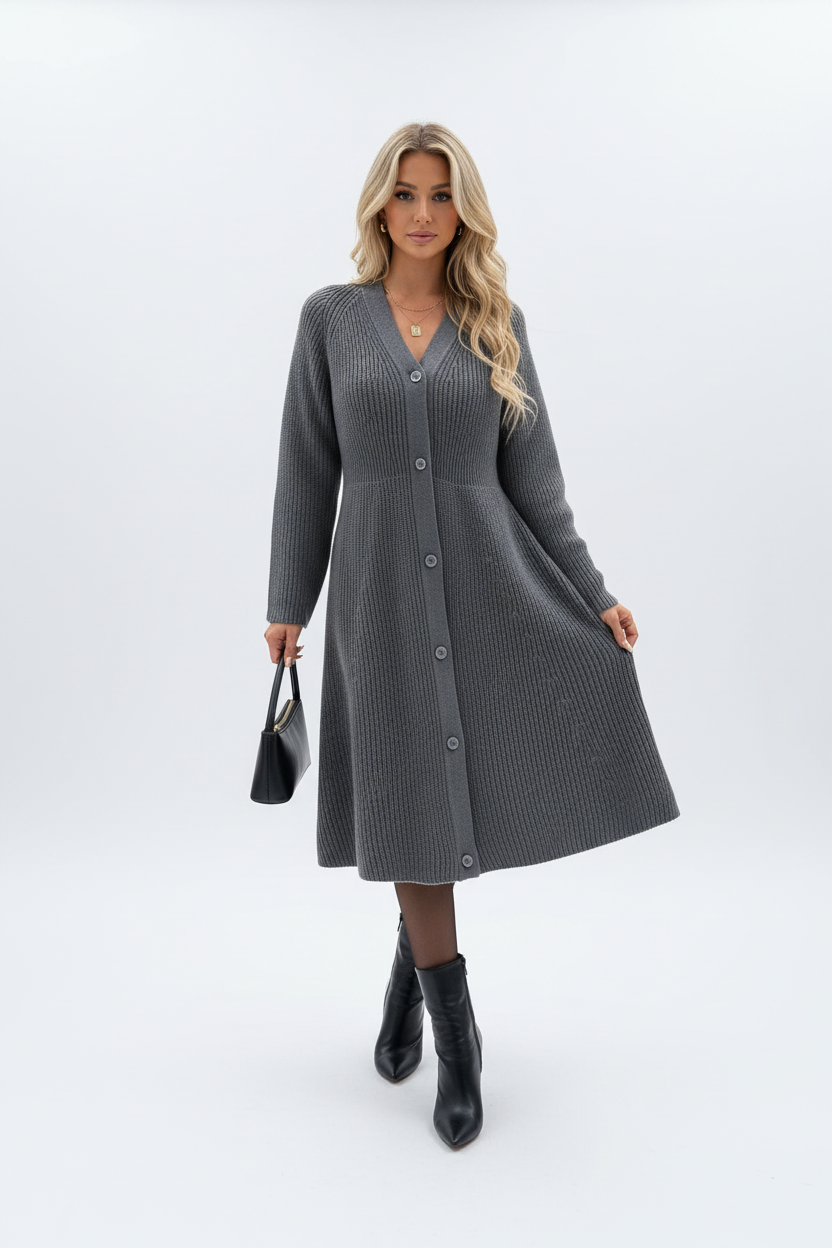 Robe pull tricot boutonnée gris foncé - vue de face complète avec jambe avant créant flux naturel du tissu montrant encolure V fermeture boutonnée texture tricot côtelé manches longues et silhouette midi intégrale - BLACK-COAT