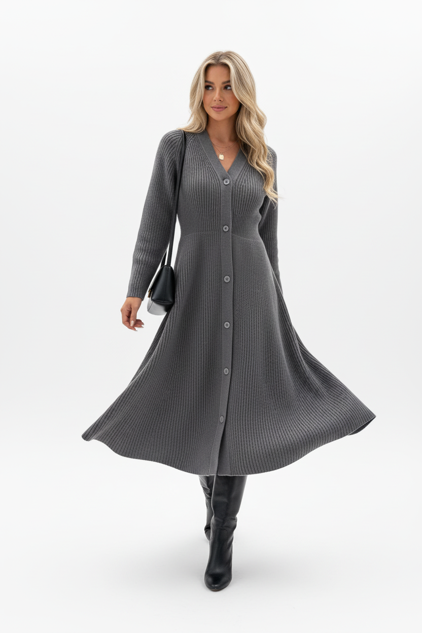 Robe pull tricot boutonnée gris foncé - vue frontale-latérale capturant la marche dynamique avec tissu tricot côtelé et jupe midi en mouvement gracieux style casual0chic - BLACK-COAT