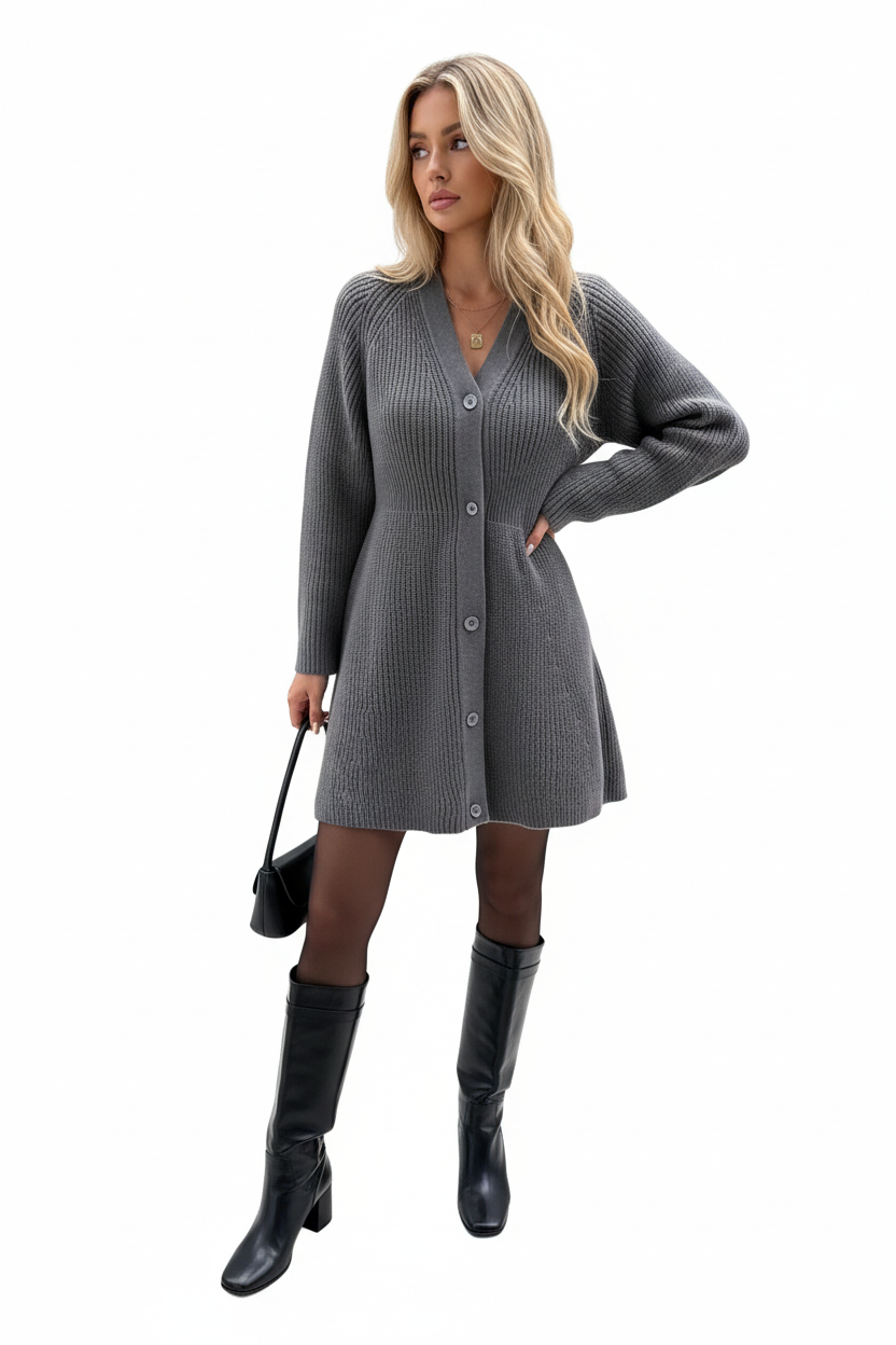 Robe pull tricot boutonnée gris foncé - vue trois-quarts avec pose main sur hanche mettant en valeur l'encolure V détails boutons texture tricot côtelé et silhouette midi confortable - BLACK-COAT