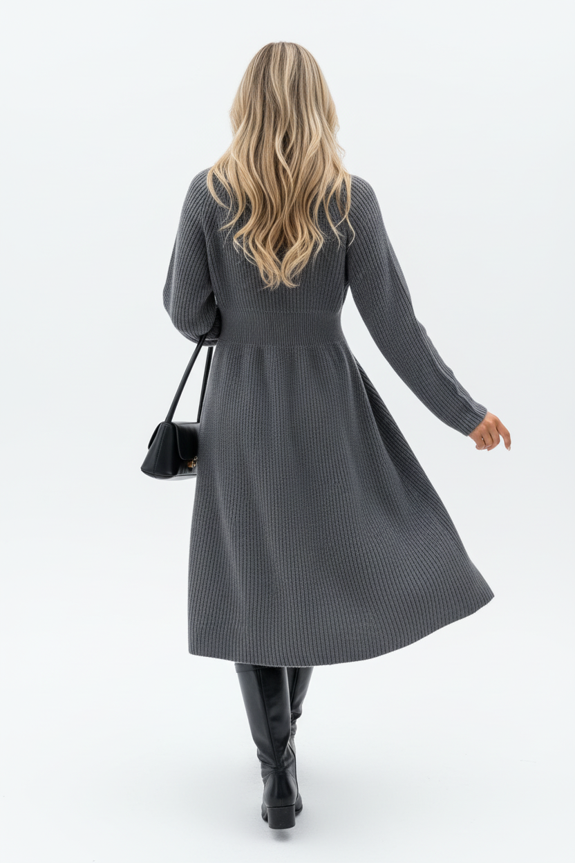 Robe pull tricot boutonnée gris foncé - vue arrière montrant mannequin s'éloignant avec design dos lisse texture tricot côtelé et flux élégant de la robe midi - BLACK-COAT